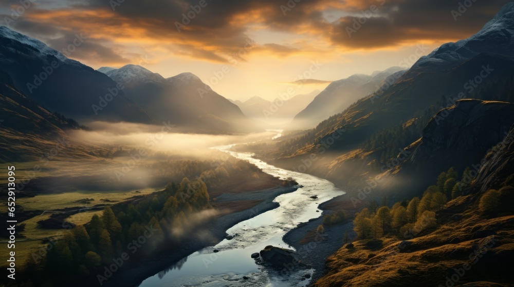Dramatic Skies and Warm Light: A Misty Mountain Valley in the Evening