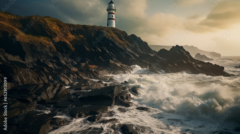 Dramatic Coastal Beauty: Waves Colliding with Rocky Shores and a Solitary Lighthouse