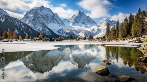 Reflections of Majestic Snow-Capped Peaks in a Pristine Alpine Lake