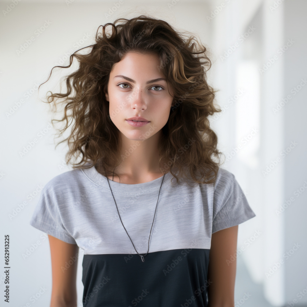 Fototapeta premium portrait studio d'une jeune femme brune aux cheveux mi-long frisés en t-shirt gris sur fond neutre