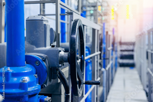 Tableau sur toile Closeup new blue taps with valve for drinking water pipeline, banner industry wa
