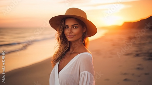 Beautiful young stylish woman at sunset at the beach