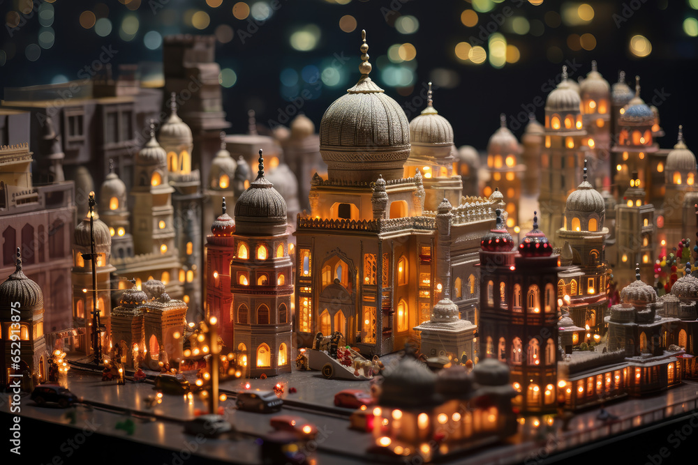 Landscape at the Diwali Festival in India with miniature monuments decorated with lights.