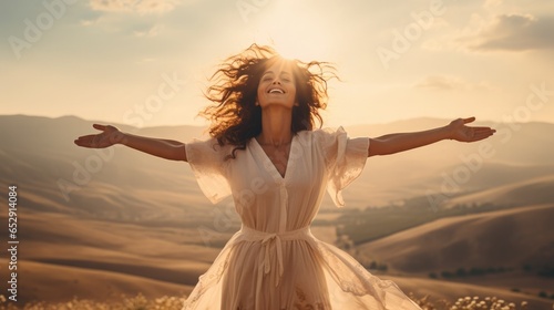 Emotional Liberation: A woman in a white dress stands atop a hill, her arms outstretched, her face radiating joy and freedom