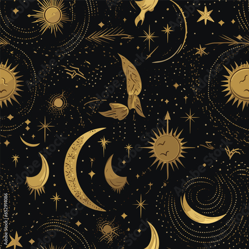 Gold seamless pattern and boho astrology. Mystical and bohemian symbols of the crescent and stars