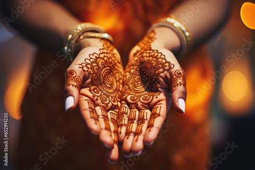 Beautiful image of hands decorated with henna mehndi in common tradition during Diwali Festival.