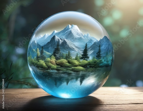 Glass ball og globe on wooden surface with forest and mountains inside standing for nature and environment preservation and ecological awareness photo