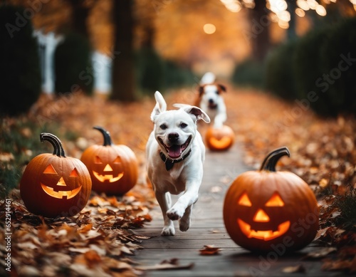 Two white dogs running through wooden path among Halloween pumpkins and leaves