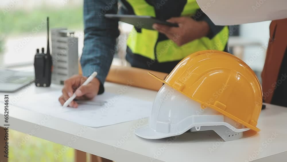 Construction and structure concept of Engineer or architect meeting for project working with partner and engineering tools on model building and blueprint in working site, contract for both companies. Construction and structure concept of Engineer or architect meeting for project working with partner and engineering tools on model building and blueprint in working site, contract for both companies.