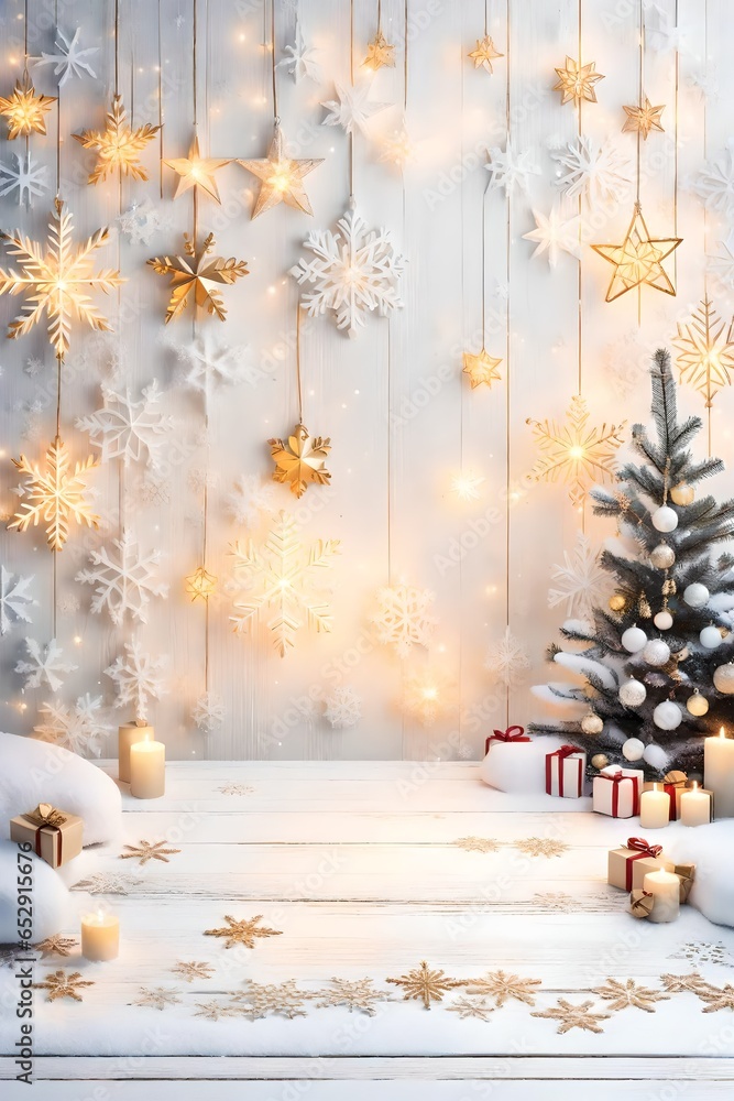A heartwarming Christmas scene features delicate snowflakes and stars placed gently on a white wooden table adorned with a layer of snow