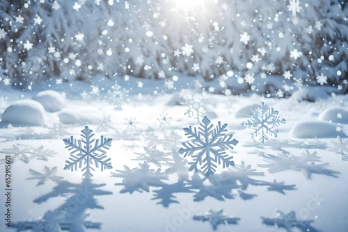 A heartwarming Christmas scene features delicate snowflakes and stars placed gently on a white wooden table adorned with a layer of snow