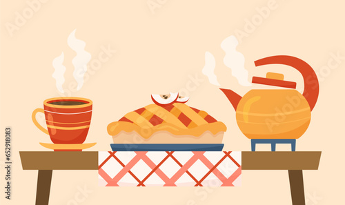 Flat tea party concept with apple pie on checkered tablecloth. Vector illustration of tea time with hot cup and teapot. Cartoon image on textured background with tasty bakery for advertising or banner
