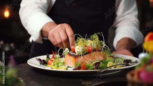 Chef preparing a delicious and healthy salmon salad in a restaurant kitchen.  ai generative