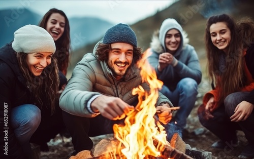 Young people by the fire during the day in the mountains. Generative AI