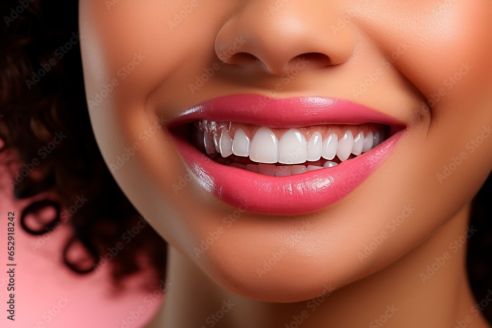 Obraz premium In this close-up image, a cheerful Hispanic woman's lips part to reveal her stunning smile, characterized by impeccably white teeth, exuding confidence and beauty.