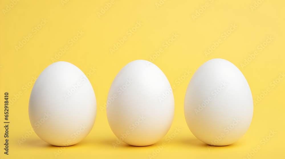 Line of Three White Eggs Isolated on a Yellow Background - Generative AI Line of Three White Eggs Isolated on a Yellow Background - Generative AI