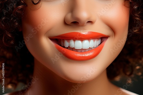 A confident Hispanic woman showcases her radiant smile  revealing flawless white teeth in a captivating close-up of her lips and mouth.