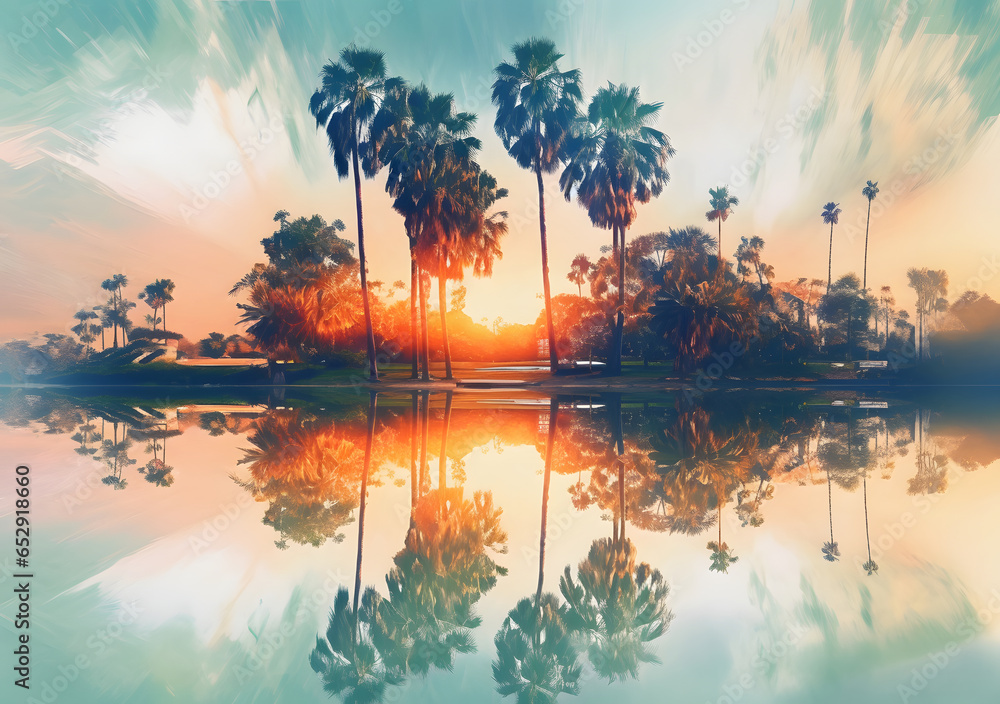 Tranquil sunset captured over a serene lake reflecting towering palm trees, with golden sunlight casting warm tones on the scenic view Tranquil sunset captured over a serene lake reflecting towering palm trees, with golden sunlight casting warm tones on the scenic view