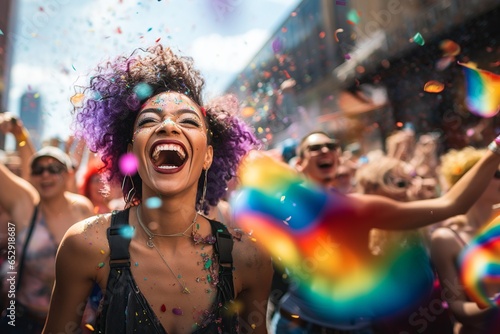 African-American woman laughing and enjoying the gay pride parade surrounded by thousands of people.