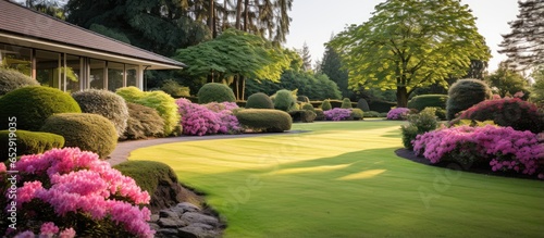 Beautiful garden landscape with freshly mowed lawn and blooming flowerbeds © AkuAku