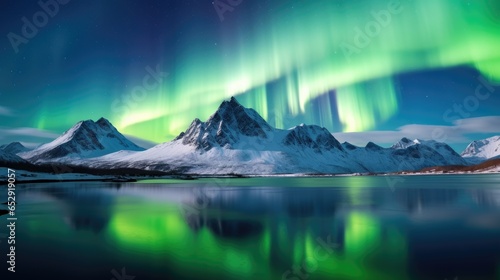 Northern Lights Majestic Aurora Borealis Over Icebergs, Snow Mountains, and Lakes in Polar Regions. Generative AI