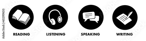 Language skill icon set speaking listening reading writing education test logo vector illustration circle symbol silhouette