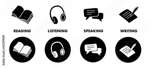 Language skill icon set speaking listening reading writing education test logo vector illustration circle symbol silhouette