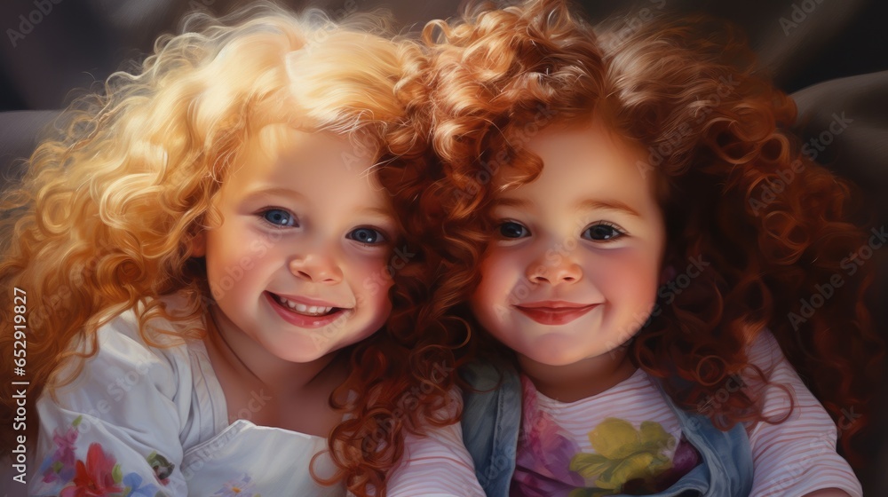 Two little girls with red curly hair posing for a picture Two little girls with red curly hair posing for a picture