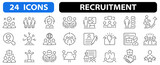 Recruitment 24 icon set. Human Resources minimal thin editable stroke icon set. Headhunting, career, resume, work, job hiring and more. Vector illustration.