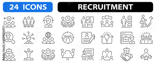 Recruitment 24 icon set. Human Resources minimal thin editable stroke icon set. Headhunting, career, resume, work, job hiring and more. Vector illustration.