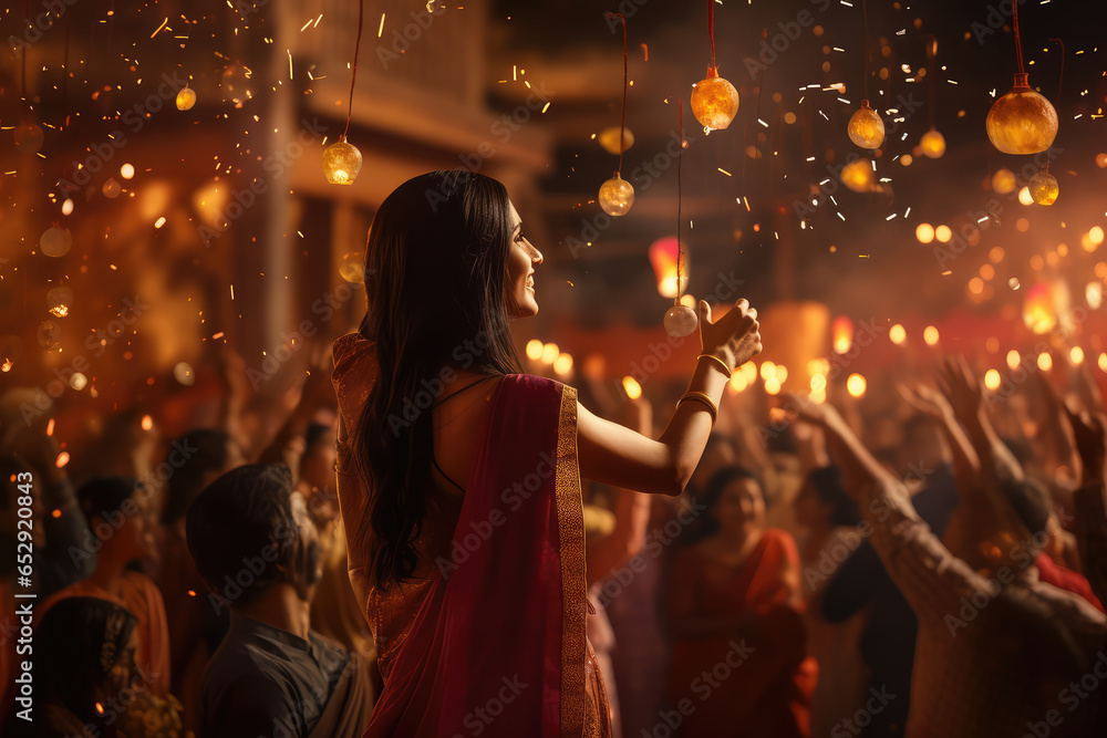 Festive people setting off fireworks and paper lanterns during the Diwali Festival in India.