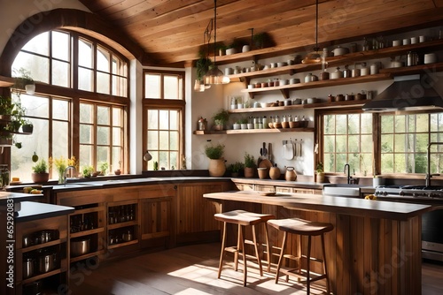 kitchen interior, A light kitchen interior with a bar countertop and seats, shelves, and a panoramic window