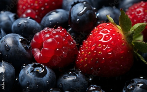 Macro Shot of Fresh Berries with Glistening Water Droplets