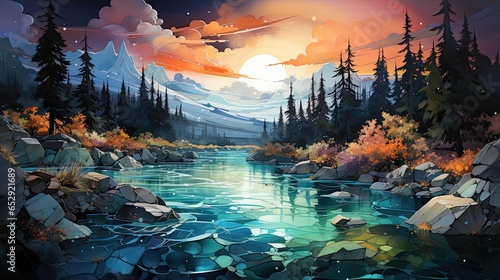 Beautiful watercolors of a winter lake between high mountains