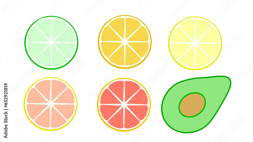 slices of citrus, and an avocado slices of citrus, and an avocado