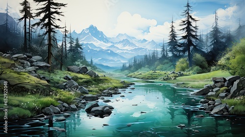 Beautiful watercolors of a winter lake between high mountains