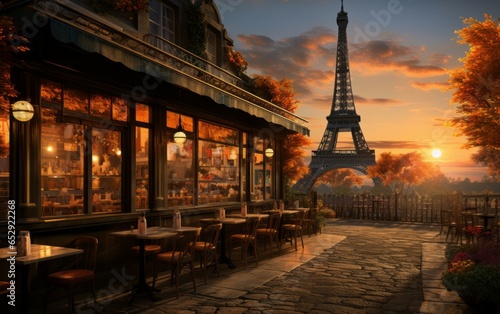 A breathtaking sunset view of the Eiffel Tower and a vibrant Parisian cafe scene © Nicolas