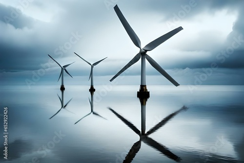 Windmill park standing in the sea on a cloudy day. Wind turbines standing in the sea © Rabia