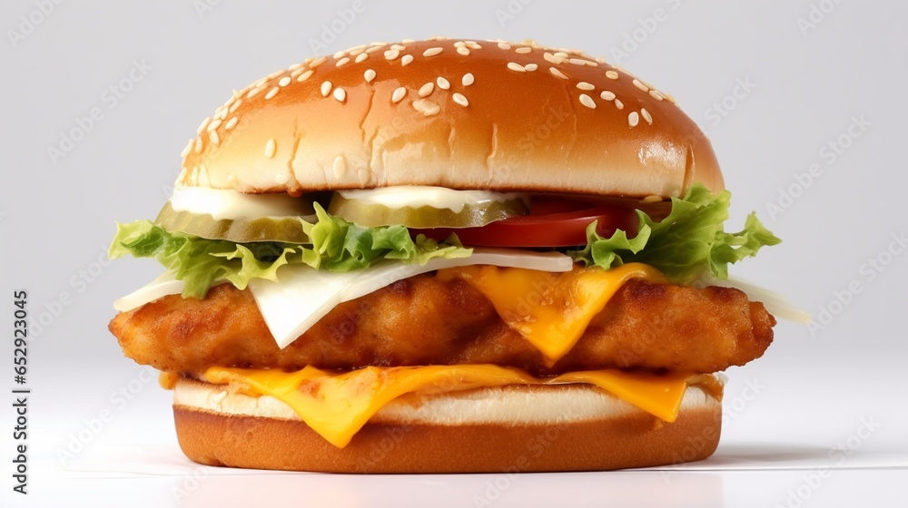 Hyper realistic chicken burger with inside only one.Generative AI Hyper realistic chicken burger with inside only one.Generative AI