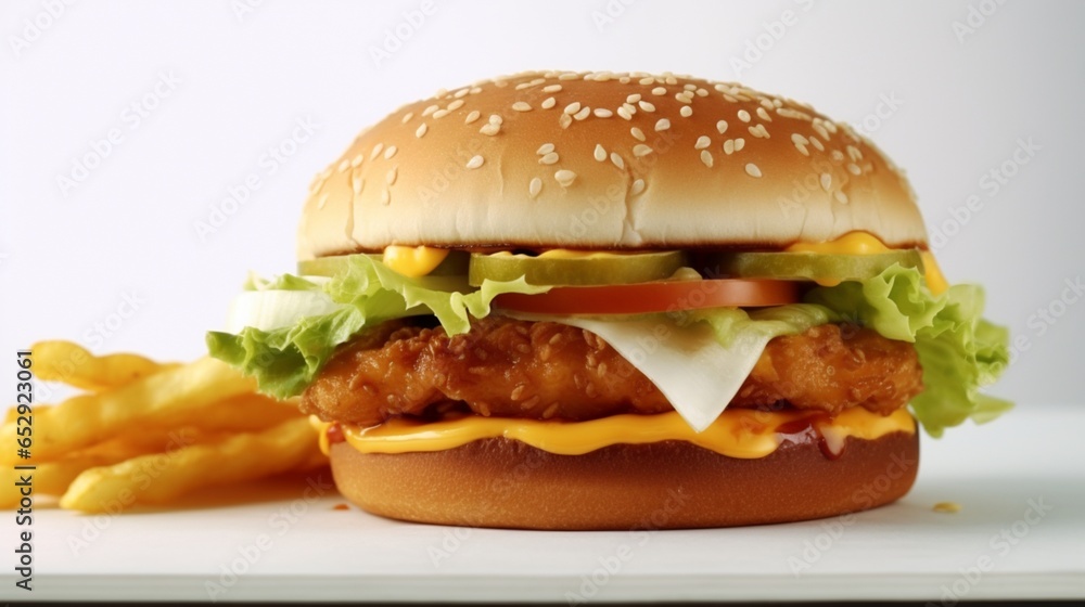 Hyper realistic chicken burger with inside only one.Generative AI Hyper realistic chicken burger with inside only one.Generative AI