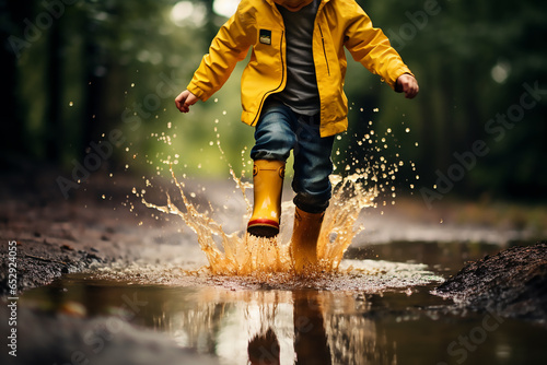 Child running and stamping in rain puddle
