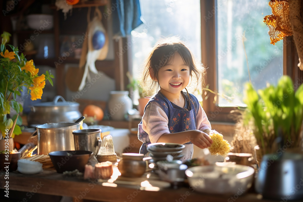 Portrait of happy funny kids in the kitchen. Children chef happiness kid home concept. Generative AI.