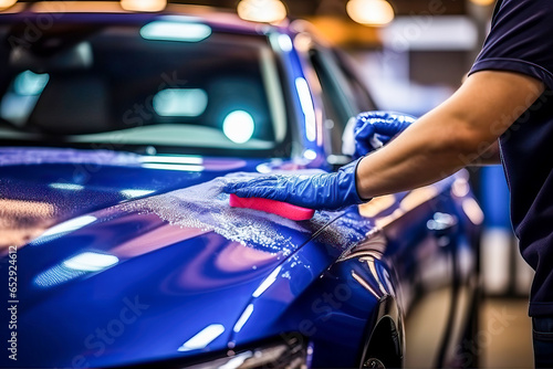 A man waxing a blue car in a garage