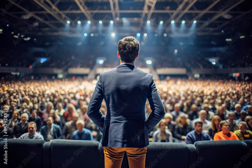 A man addressing a large audience in a public speaking event A man addressing a large audience in a public speaking event