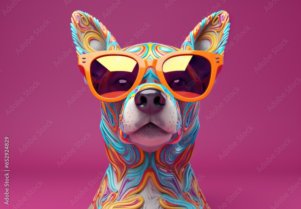 Stylish dog wearing a pair of trendy sunglasses. Digital art. Colored figurine made of ceramics, plasticine, plastic, other material. Illustration for cover, card or print.