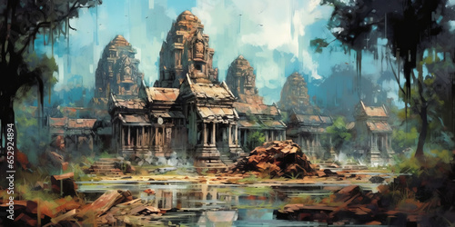 abstract art of empty old Ruins of a Thai temple ,illustration painting © JKLoma