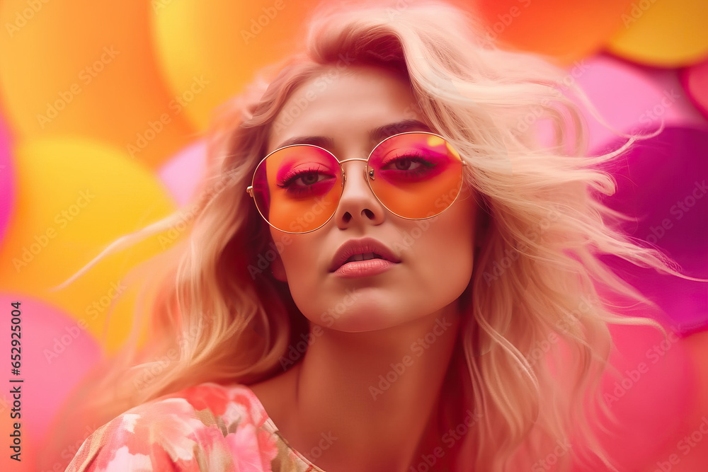 Fototapeta premium A stylish woman in sunglasses and a pink dress