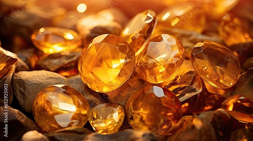 A closeup of a heap of beautiful of various amber stones. Group of faceted citrine gemstones. Illustration for brochure, cover, poster, presentation, flyer or banner. photo