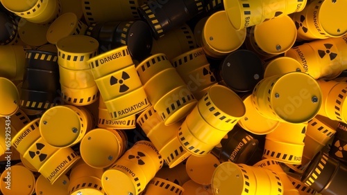 Dump of yellow and black barrels with nuclear radioactive waste. Danger of radiation contamination of industrial containers. 3D illustration photo