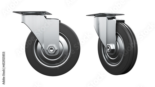 3d render Rubberized swivel wheel for trolleys. 3d illustration isolated on whiteof a wheel